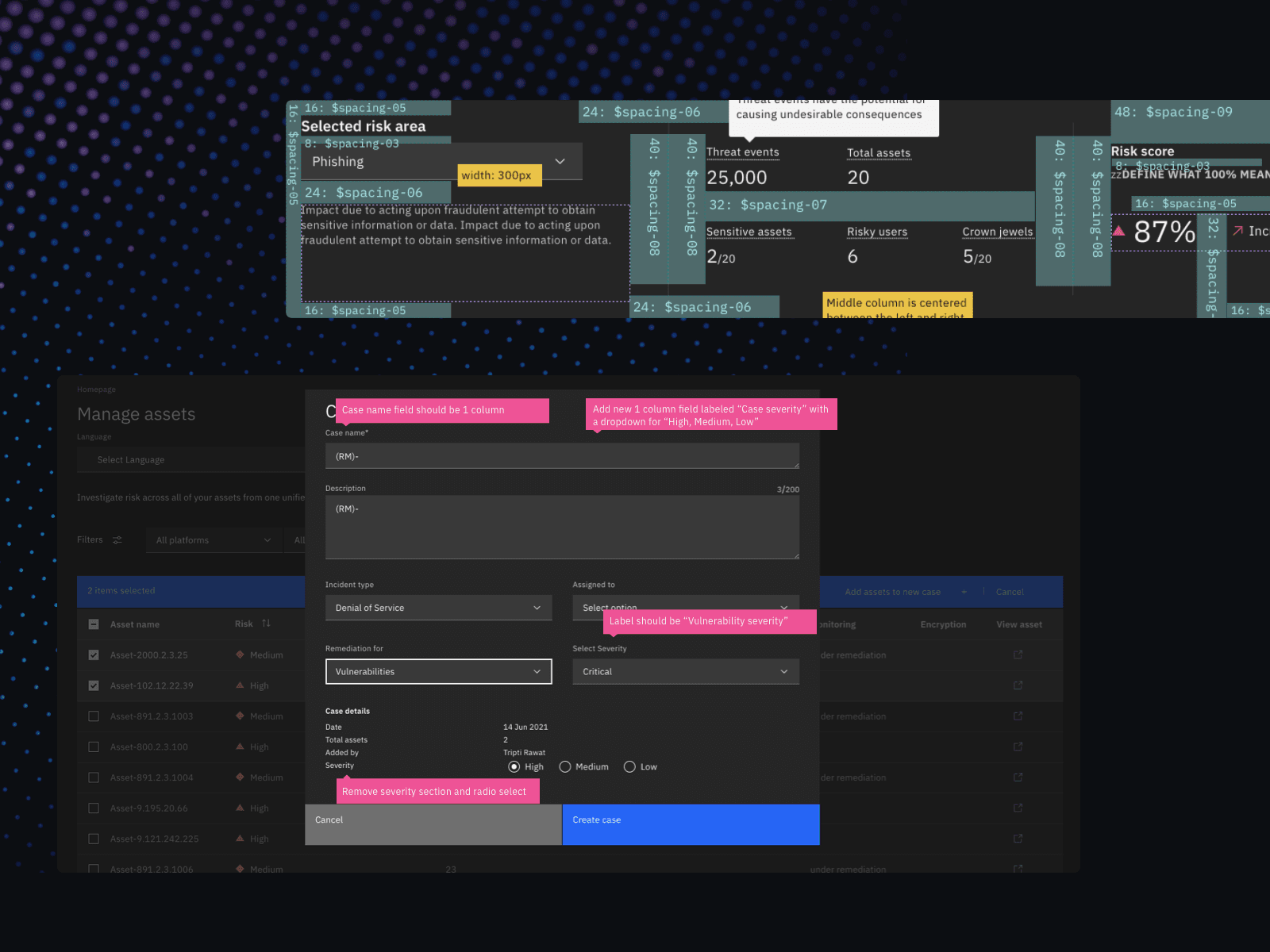 Shown is more snippets of the Risk Manager UI with redlines and outlines of components