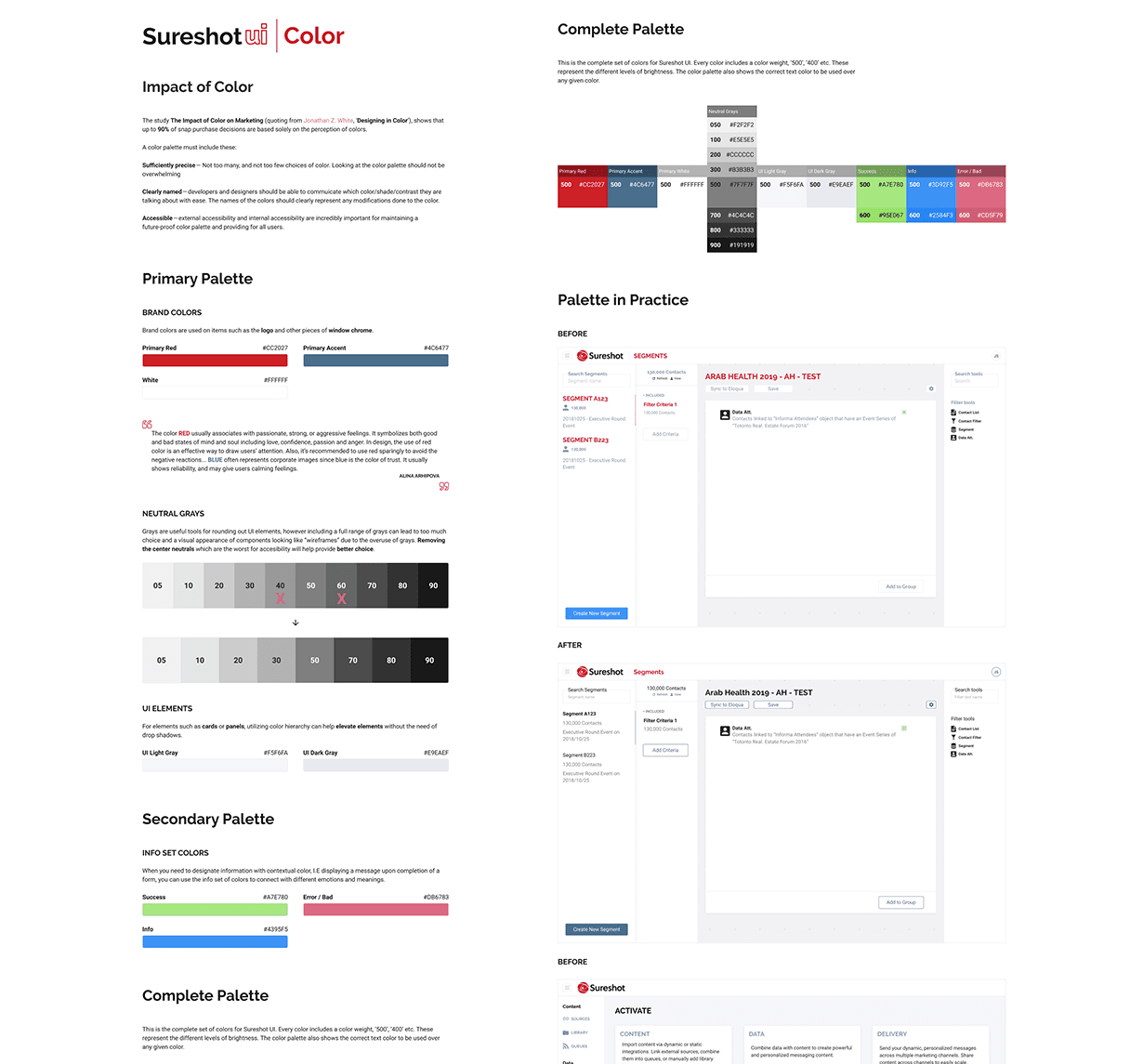 Shown is a documentation for Sureshot UI, demonstrating color useage as an example