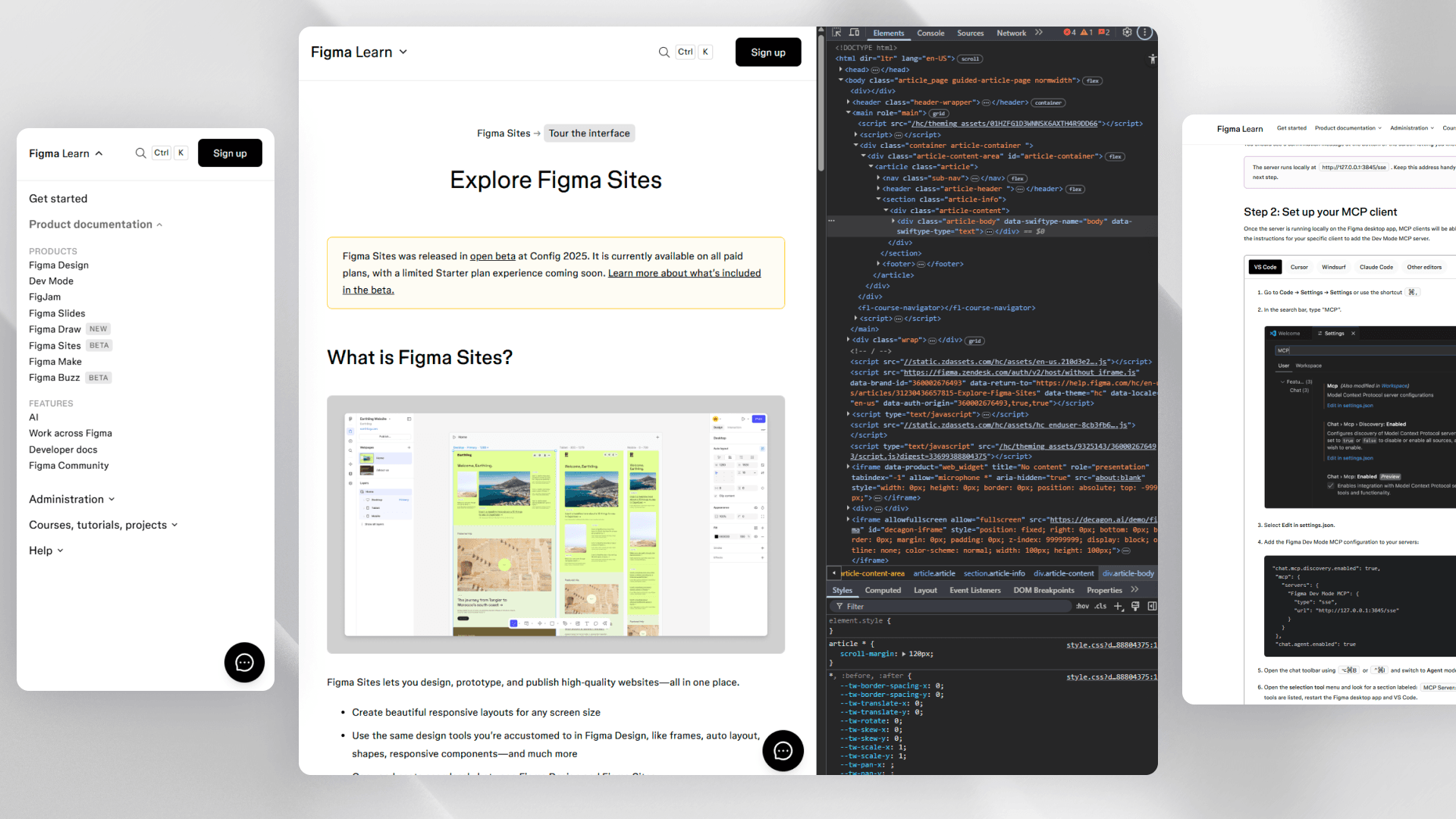 Guided Figma Learn article, showing Figma Sites