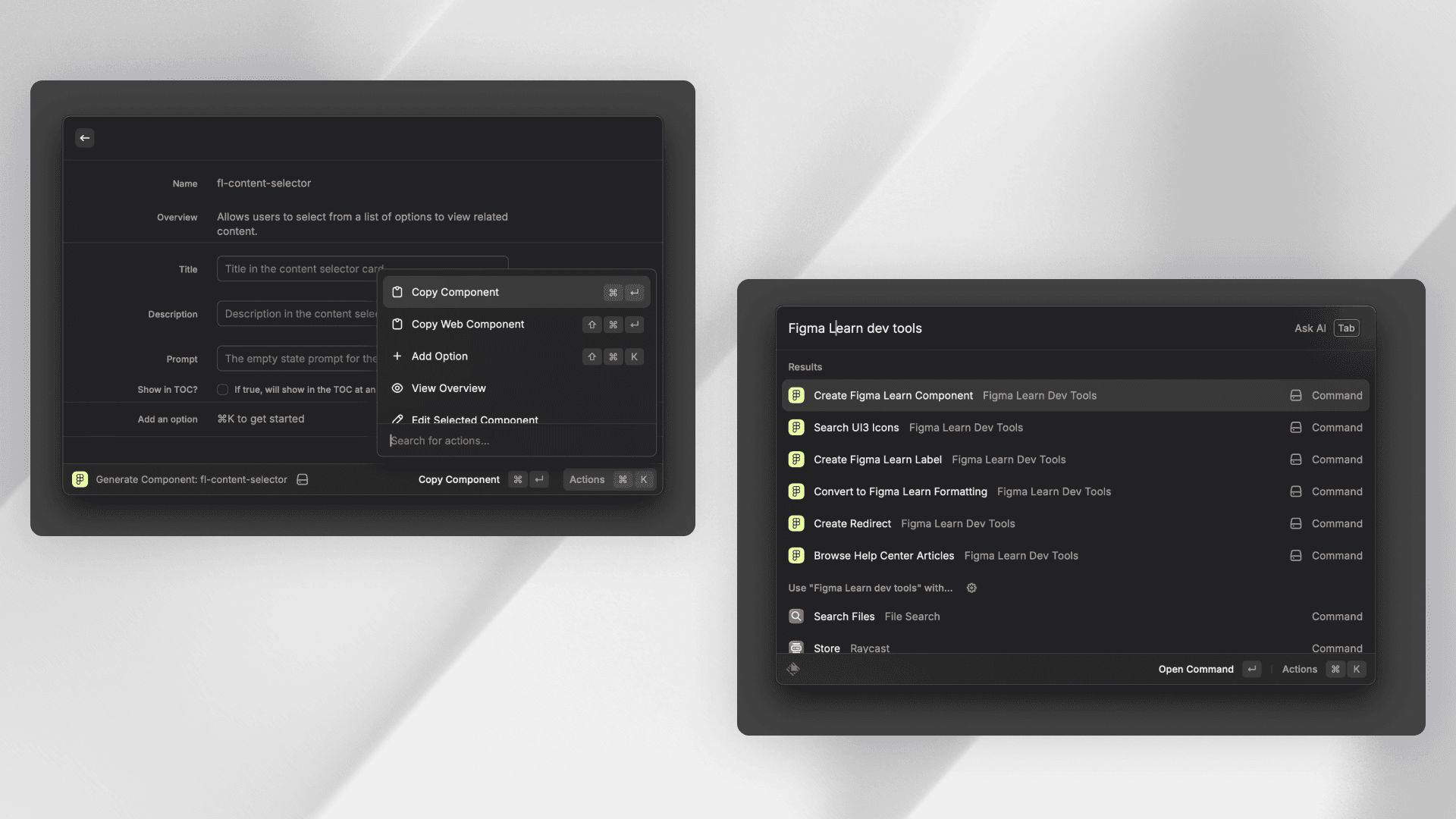 Raycast tool for Figma Learn, showing component authoring