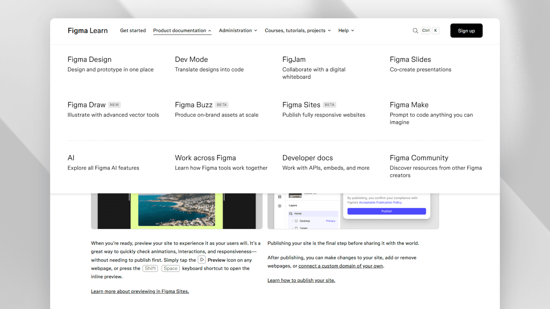 Submenu navigation for Figma Learn, showing the different products